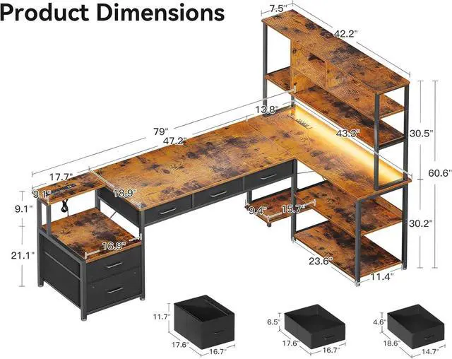 Alt view image 2 of 7 - AODK 79 inch L Shaped Desk with 5 Drawers, Reversible L Shaped Gaming Desk with LED Light & 2 Power Outlets, Computer Desk with Storage Shelves for Home Office, Vintage