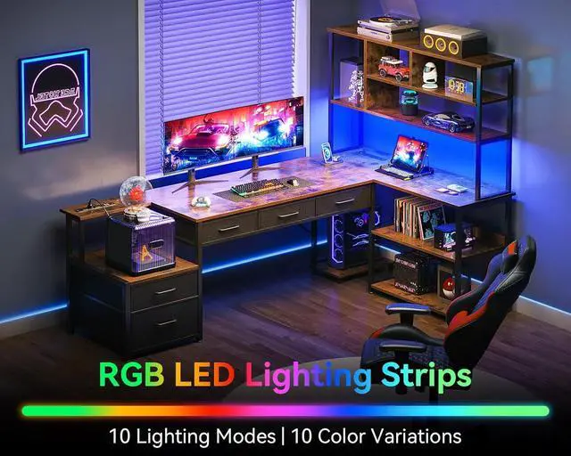 Alt view image 3 of 7 - AODK 79 inch L Shaped Desk with 5 Drawers, Reversible L Shaped Gaming Desk with LED Light & 2 Power Outlets, Computer Desk with Storage Shelves for Home Office, Vintage