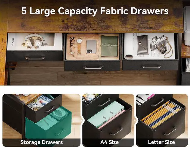 Alt view image 4 of 7 - AODK 79 inch L Shaped Desk with 5 Drawers, Reversible L Shaped Gaming Desk with LED Light & 2 Power Outlets, Computer Desk with Storage Shelves for Home Office, Vintage