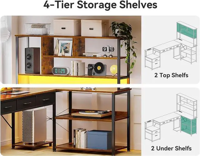 Alt view image 5 of 7 - AODK 79 inch L Shaped Desk with 5 Drawers, Reversible L Shaped Gaming Desk with LED Light & 2 Power Outlets, Computer Desk with Storage Shelves for Home Office, Vintage