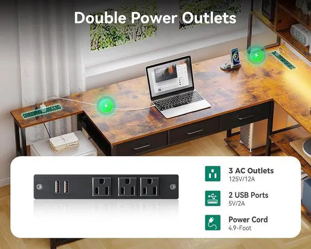 Alt view image 6 of 7 - AODK 79 inch L Shaped Desk with 5 Drawers, Reversible L Shaped Gaming Desk with LED Light & 2 Power Outlets, Computer Desk with Storage Shelves for Home Office, Vintage