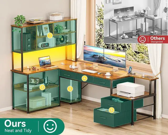 Alt view image 7 of 7 - AODK 79 inch L Shaped Desk with 5 Drawers, Reversible L Shaped Gaming Desk with LED Light & 2 Power Outlets, Computer Desk with Storage Shelves for Home Office, Vintage