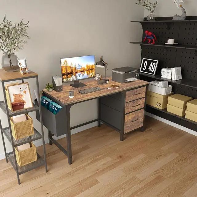 Alt view image 2 of 7 - Lufeiya Computer Desk with Fabric File Drawers Cabinet, 47 Inch Reversible Home Office Desks with Filing Cabinet for Small Space, Study Writing Table PC Desks, Rustic Brown