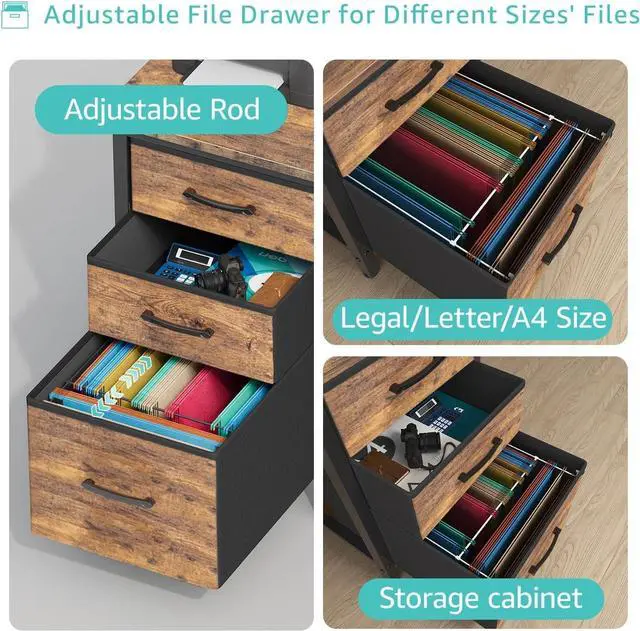 Alt view image 5 of 7 - Lufeiya Computer Desk with Fabric File Drawers Cabinet, 47 Inch Reversible Home Office Desks with Filing Cabinet for Small Space, Study Writing Table PC Desks, Rustic Brown
