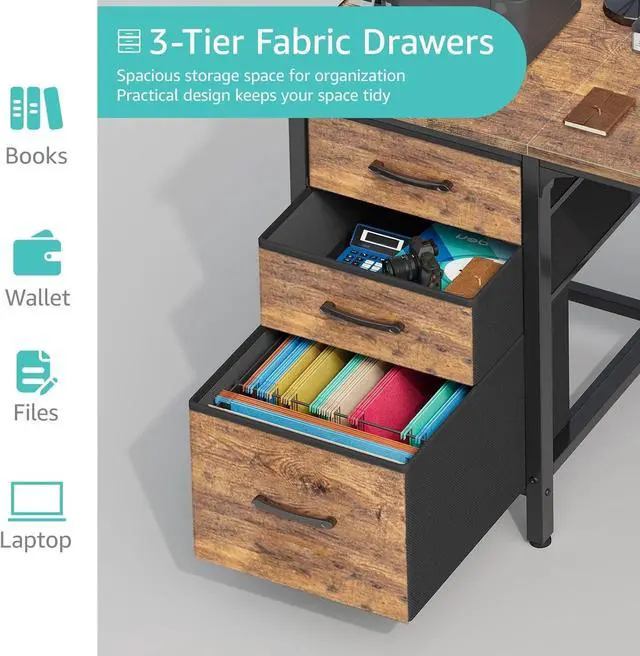 Alt view image 6 of 7 - Lufeiya Computer Desk with Fabric File Drawers Cabinet, 47 Inch Reversible Home Office Desks with Filing Cabinet for Small Space, Study Writing Table PC Desks, Rustic Brown