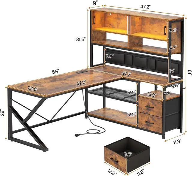 Alt view image 2 of 7 - SEDETA L Shaped Computer Desk, Home Office Desk with 2 Drawer and Bookshelf, L Shaped Gaming Desk with LED Light, Glass Cabinet and Storage Bag, Corner Desk with Storage Shelves, Rustic Brown
