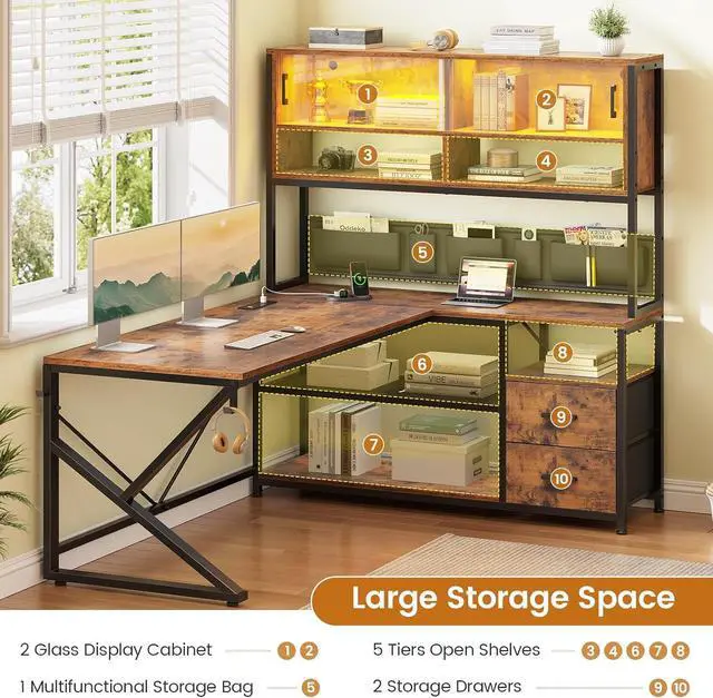 Alt view image 4 of 7 - SEDETA L Shaped Computer Desk, Home Office Desk with 2 Drawer and Bookshelf, L Shaped Gaming Desk with LED Light, Glass Cabinet and Storage Bag, Corner Desk with Storage Shelves, Rustic Brown