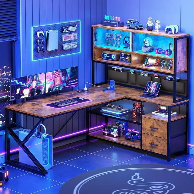 Alt view image 5 of 7 - SEDETA L Shaped Computer Desk, Home Office Desk with 2 Drawer and Bookshelf, L Shaped Gaming Desk with LED Light, Glass Cabinet and Storage Bag, Corner Desk with Storage Shelves, Rustic Brown