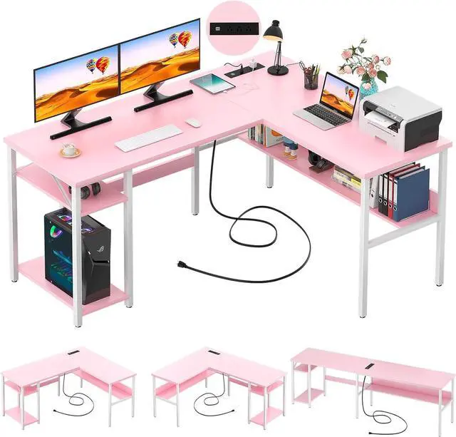 Main image of Unikito Reversible L Shaped Desk with Magic Power Outlets and USB Charging Ports, Sturdy Corner Computer Desk with Storage Shelves, Gaming Table Home Office Desk, Easy to Assemble, Pink