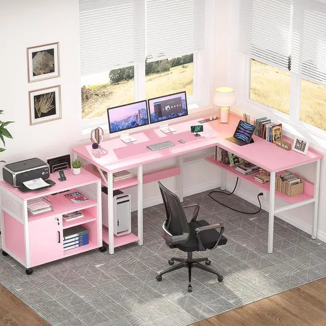 Alt view image 2 of 7 - Unikito Reversible L Shaped Desk with Magic Power Outlets and USB Charging Ports, Sturdy Corner Computer Desk with Storage Shelves, Gaming Table Home Office Desk, Easy to Assemble, Pink
