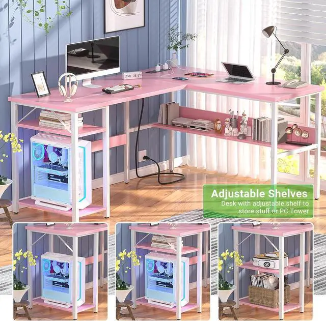Alt view image 4 of 7 - Unikito Reversible L Shaped Desk with Magic Power Outlets and USB Charging Ports, Sturdy Corner Computer Desk with Storage Shelves, Gaming Table Home Office Desk, Easy to Assemble, Pink