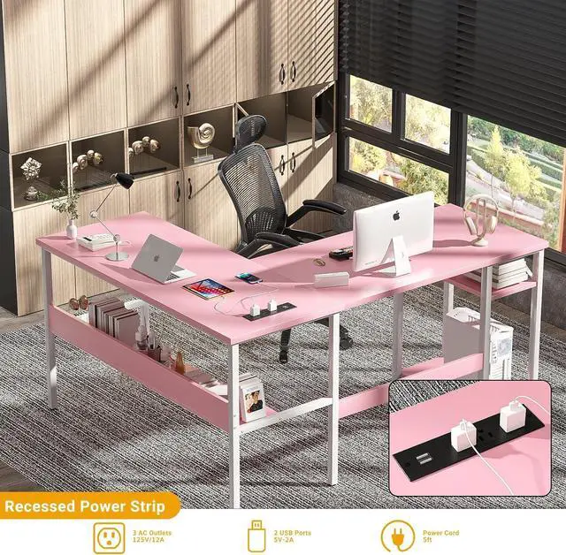Alt view image 5 of 7 - Unikito Reversible L Shaped Desk with Magic Power Outlets and USB Charging Ports, Sturdy Corner Computer Desk with Storage Shelves, Gaming Table Home Office Desk, Easy to Assemble, Pink
