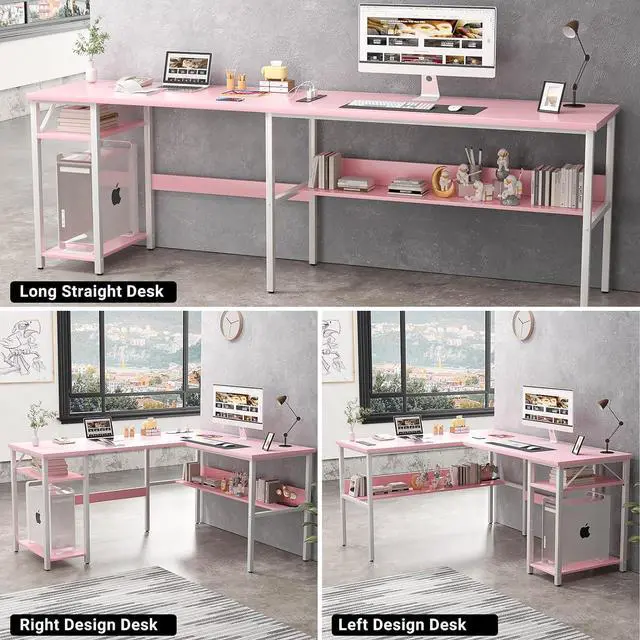 Alt view image 6 of 7 - Unikito Reversible L Shaped Desk with Magic Power Outlets and USB Charging Ports, Sturdy Corner Computer Desk with Storage Shelves, Gaming Table Home Office Desk, Easy to Assemble, Pink