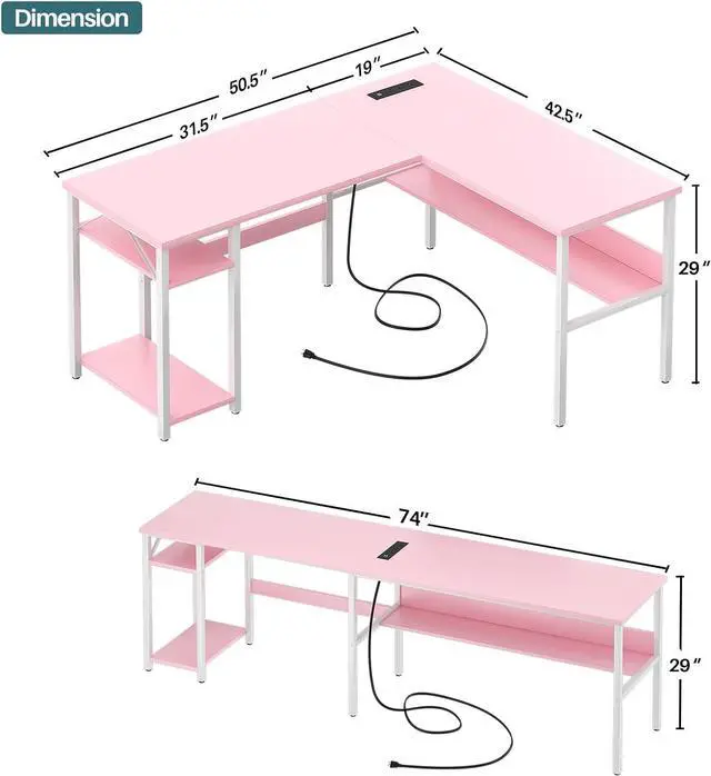 Alt view image 3 of 7 - Unikito Reversible L Shaped Desk with Magic Power Outlets and USB Charging Ports, Sturdy Corner Computer Desk with Storage Shelves, Gaming Table Home Office Desk, Easy to Assemble, Pink