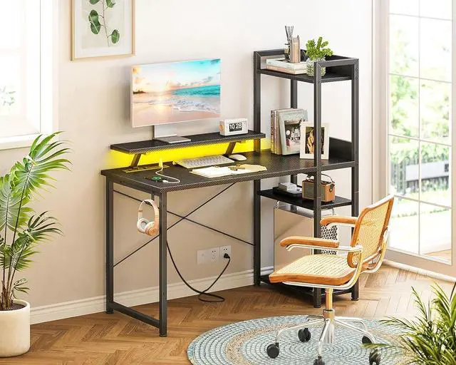 Alt view image 7 of 7 - ODK Reversible Gaming Desk LED Lights, 40 Inch Computer Desk with Storage Shelves & Monitor Stand, Study Table for Home Office, Small Space Bedroom, Carbon Fiber Black