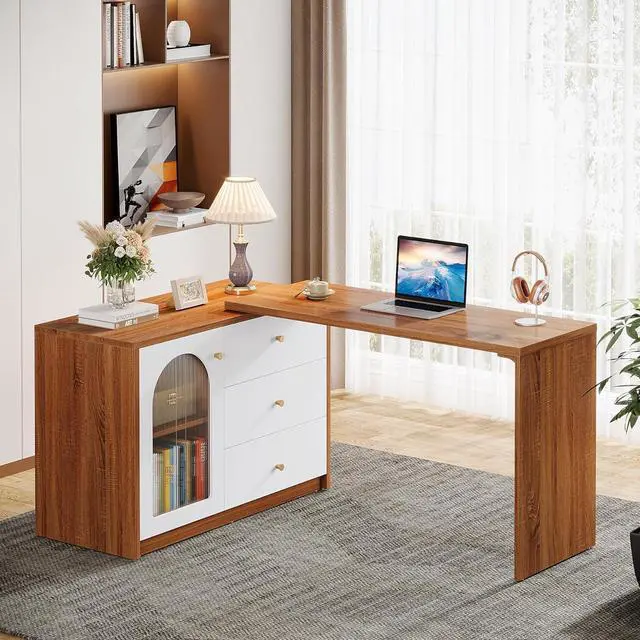 Main image of Tribesigns L Shaped Computer Desk with Drawers, Modern Corner Home Office Desk with Reversible Storage Cabinet, Long Study Writing Desk Workstation for Home Office, Rustic Brown