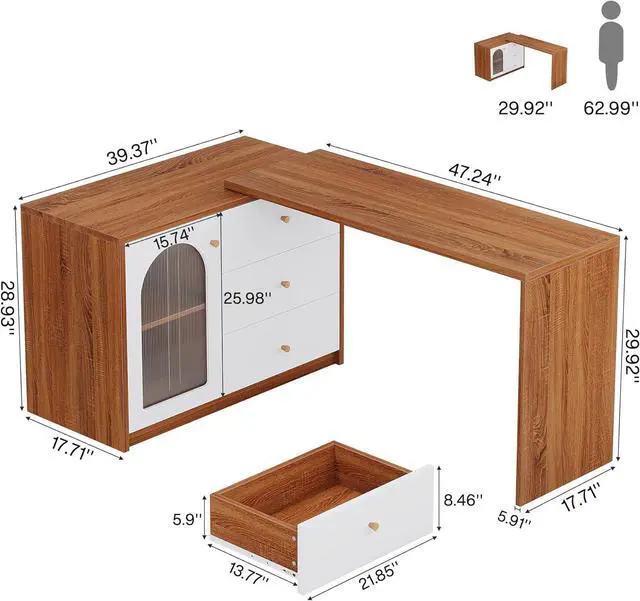 Alt view image 2 of 7 - Tribesigns L Shaped Computer Desk with Drawers, Modern Corner Home Office Desk with Reversible Storage Cabinet, Long Study Writing Desk Workstation for Home Office, Rustic Brown