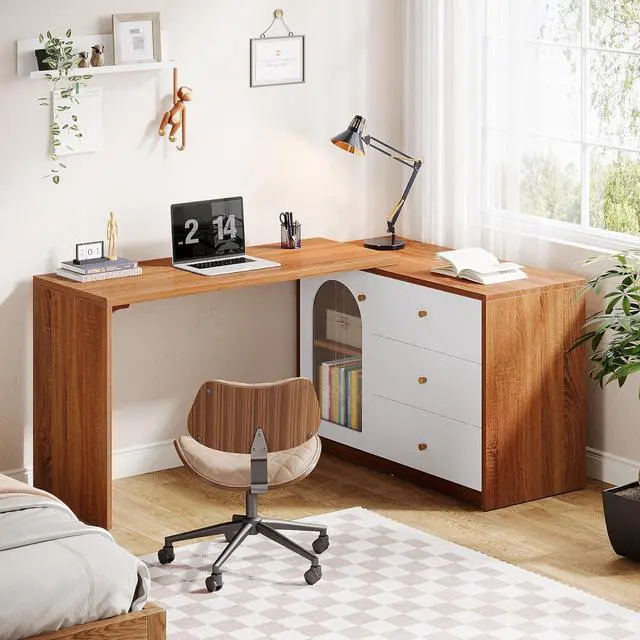 Alt view image 3 of 7 - Tribesigns L Shaped Computer Desk with Drawers, Modern Corner Home Office Desk with Reversible Storage Cabinet, Long Study Writing Desk Workstation for Home Office, Rustic Brown