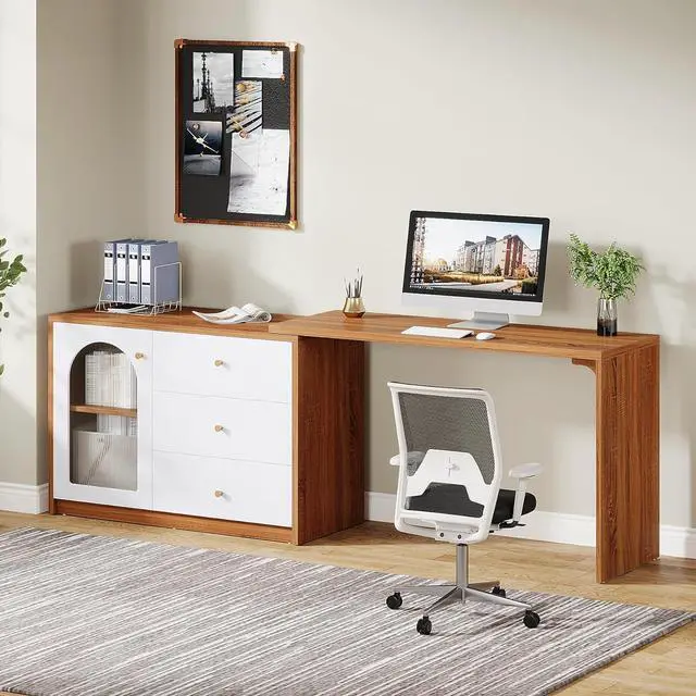 Alt view image 4 of 7 - Tribesigns L Shaped Computer Desk with Drawers, Modern Corner Home Office Desk with Reversible Storage Cabinet, Long Study Writing Desk Workstation for Home Office, Rustic Brown