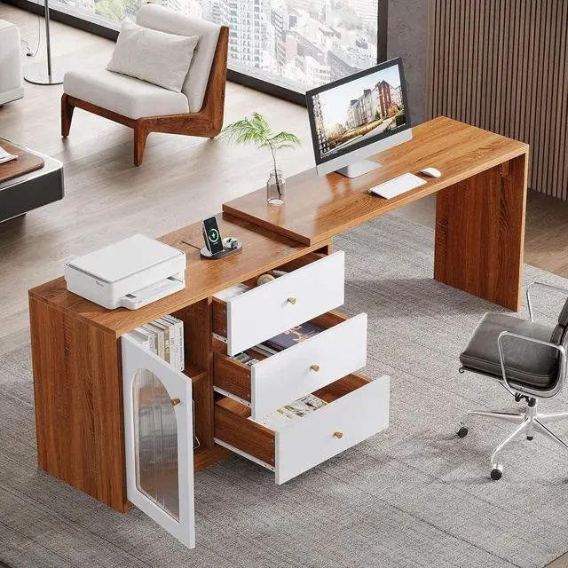 Alt view image 5 of 7 - Tribesigns L Shaped Computer Desk with Drawers, Modern Corner Home Office Desk with Reversible Storage Cabinet, Long Study Writing Desk Workstation for Home Office, Rustic Brown