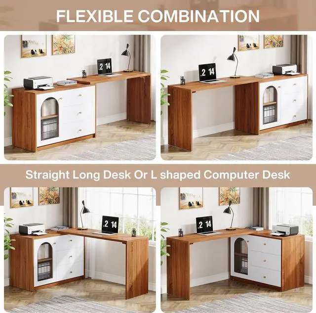 Alt view image 6 of 7 - Tribesigns L Shaped Computer Desk with Drawers, Modern Corner Home Office Desk with Reversible Storage Cabinet, Long Study Writing Desk Workstation for Home Office, Rustic Brown