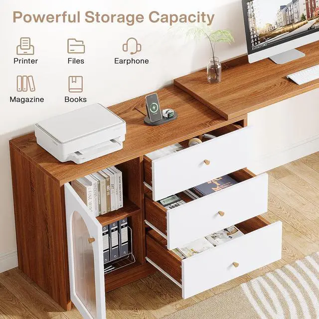 Alt view image 7 of 7 - Tribesigns L Shaped Computer Desk with Drawers, Modern Corner Home Office Desk with Reversible Storage Cabinet, Long Study Writing Desk Workstation for Home Office, Rustic Brown