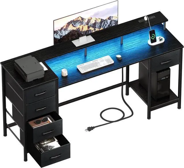 Main image of 55 Inch Computer Gaming Desk with Power Outlets LED Lights, Reversible Home Office Desk with Adjustable Fabric Drawers for Working Writing Study, Black Oak