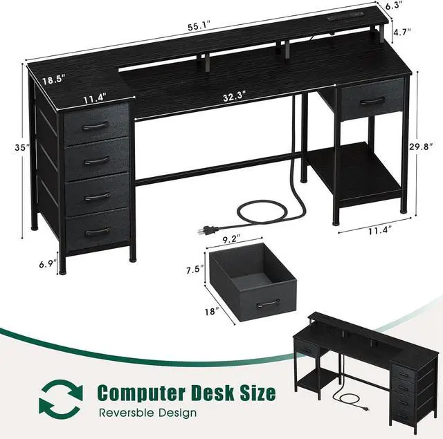 Alt view image 3 of 7 - 55 Inch Computer Gaming Desk with Power Outlets LED Lights, Reversible Home Office Desk with Adjustable Fabric Drawers for Working Writing Study, Black Oak