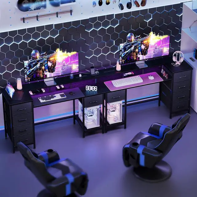 Alt view image 2 of 7 - 55 Inch Computer Gaming Desk with Power Outlets LED Lights, Reversible Home Office Desk with Adjustable Fabric Drawers for Working Writing Study, Black Oak