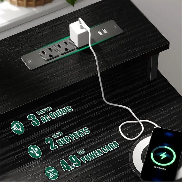 Alt view image 4 of 7 - 55 Inch Computer Gaming Desk with Power Outlets LED Lights, Reversible Home Office Desk with Adjustable Fabric Drawers for Working Writing Study, Black Oak