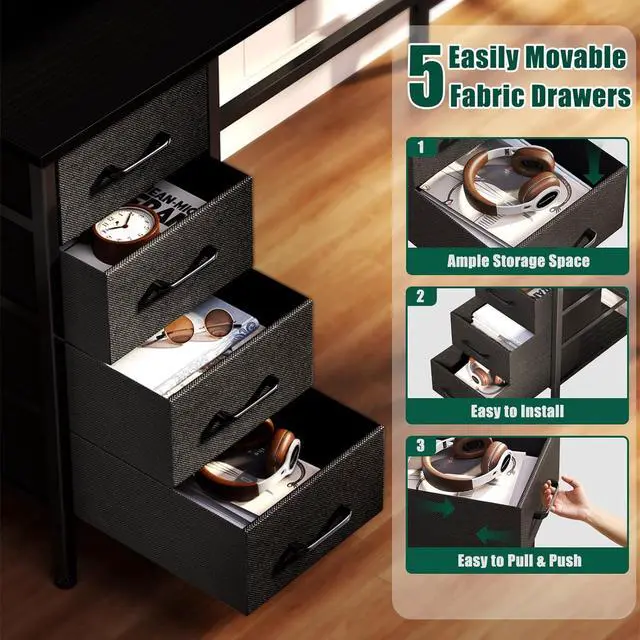 Alt view image 5 of 7 - 55 Inch Computer Gaming Desk with Power Outlets LED Lights, Reversible Home Office Desk with Adjustable Fabric Drawers for Working Writing Study, Black Oak