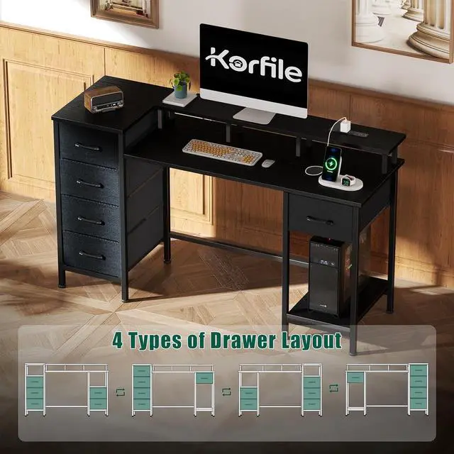 Alt view image 6 of 7 - 55 Inch Computer Gaming Desk with Power Outlets LED Lights, Reversible Home Office Desk with Adjustable Fabric Drawers for Working Writing Study, Black Oak