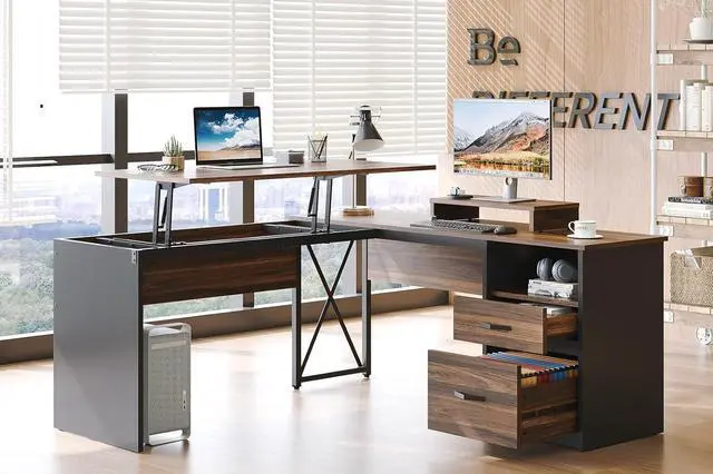 Main image of Bestier Lift Top L Shaped Desk with File Drawer, 55'' x 55'' Office Desk with Reversible Storage Drawers and Computer Monitor Stand (Walnut)