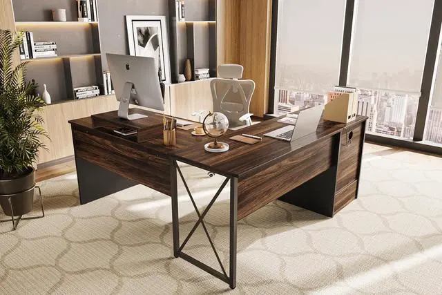Alt view image 4 of 7 - Bestier Lift Top L Shaped Desk with File Drawer, 55'' x 55'' Office Desk with Reversible Storage Drawers and Computer Monitor Stand (Walnut)