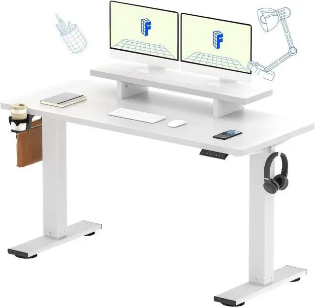 Main image of FLEXISPOT Standing Desk with Monitor Stand, 55 x 24 Inches One-Piece Electric Height Adjustable Computer Desk with Cup Holder, Home Office Desks (White Frame+ White Top)