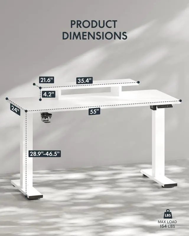 Alt view image 2 of 7 - FLEXISPOT Standing Desk with Monitor Stand, 55 x 24 Inches One-Piece Electric Height Adjustable Computer Desk with Cup Holder, Home Office Desks (White Frame+ White Top)
