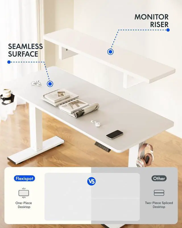Alt view image 3 of 7 - FLEXISPOT Standing Desk with Monitor Stand, 55 x 24 Inches One-Piece Electric Height Adjustable Computer Desk with Cup Holder, Home Office Desks (White Frame+ White Top)