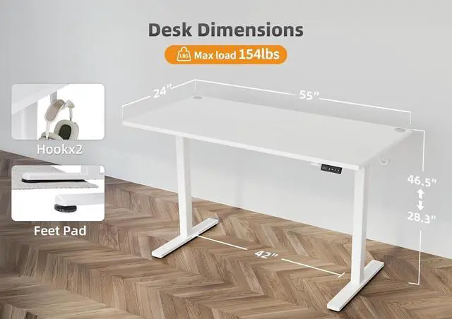 Alt view image 3 of 7 - Seang Standing Desk with Adjustable Height, Electric Stand Up Desk 55x24 Inch for Home Office, Studio, Computer Workstation, White