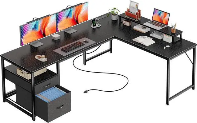 Main image of PRAISUN 63 Inch L Shaped Desk with Power Outlets and USB-C Port, Computer Corner Home Office Desk with File Fabric Drawers and Movable Monitor Stand, Larger Storage, Gaming, Writing, Work, Black