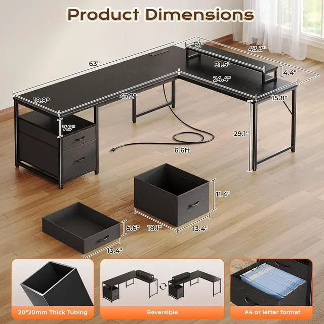 Alt view image 2 of 7 - PRAISUN 63 Inch L Shaped Desk with Power Outlets and USB-C Port, Computer Corner Home Office Desk with File Fabric Drawers and Movable Monitor Stand, Larger Storage, Gaming, Writing, Work, Black