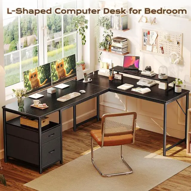 Alt view image 3 of 7 - PRAISUN 63 Inch L Shaped Desk with Power Outlets and USB-C Port, Computer Corner Home Office Desk with File Fabric Drawers and Movable Monitor Stand, Larger Storage, Gaming, Writing, Work, Black