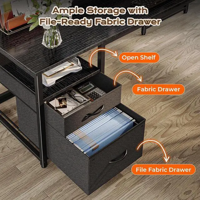 Alt view image 5 of 7 - PRAISUN 63 Inch L Shaped Desk with Power Outlets and USB-C Port, Computer Corner Home Office Desk with File Fabric Drawers and Movable Monitor Stand, Larger Storage, Gaming, Writing, Work, Black