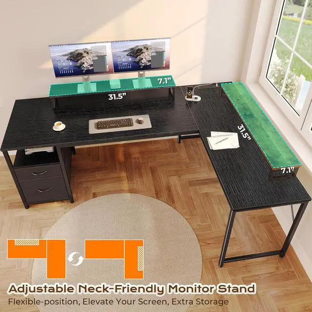 Alt view image 6 of 7 - PRAISUN 63 Inch L Shaped Desk with Power Outlets and USB-C Port, Computer Corner Home Office Desk with File Fabric Drawers and Movable Monitor Stand, Larger Storage, Gaming, Writing, Work, Black