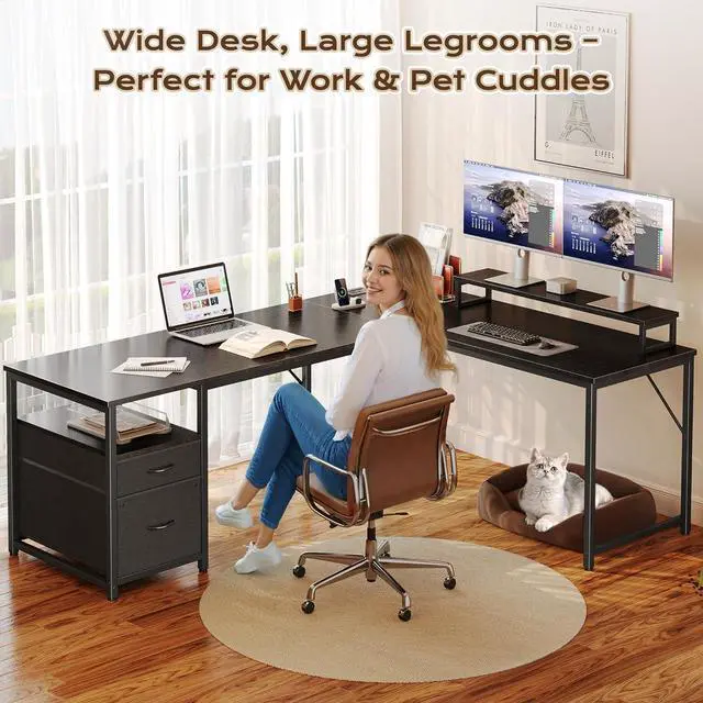 Alt view image 7 of 7 - PRAISUN 63 Inch L Shaped Desk with Power Outlets and USB-C Port, Computer Corner Home Office Desk with File Fabric Drawers and Movable Monitor Stand, Larger Storage, Gaming, Writing, Work, Black