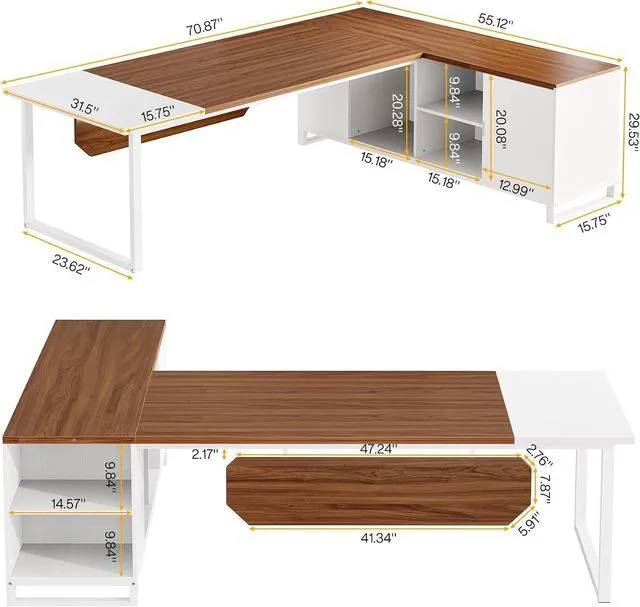 Alt view image 2 of 7 - Tribesigns 70.8" L-Shaped Executive Desk with 55" File Cabinet, Large Home Office Computer Desk with Storage Shelves and Cabinet, Modern Business Furniture Set Home Office, Walnut White