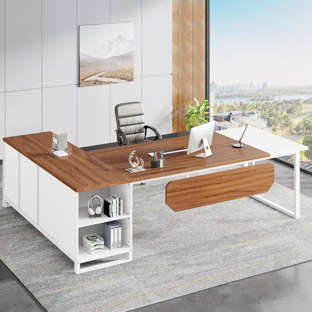 Alt view image 3 of 7 - Tribesigns 70.8" L-Shaped Executive Desk with 55" File Cabinet, Large Home Office Computer Desk with Storage Shelves and Cabinet, Modern Business Furniture Set Home Office, Walnut White