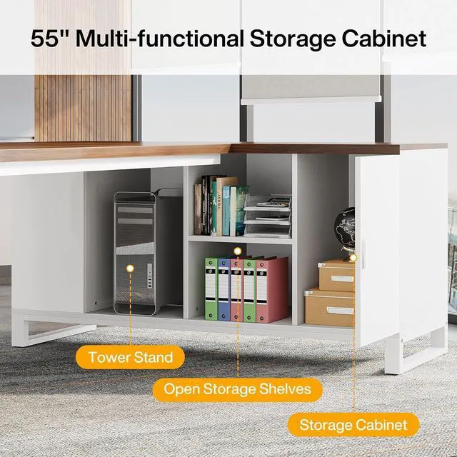 Alt view image 6 of 7 - Tribesigns 70.8" L-Shaped Executive Desk with 55" File Cabinet, Large Home Office Computer Desk with Storage Shelves and Cabinet, Modern Business Furniture Set Home Office, Walnut White
