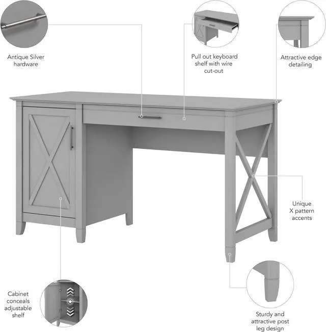 Alt view image 5 of 7 - Bush Furniture Key West Computer Desk with Storage Farmhouse PC Table for Home Office in Cape Cod Gray 54W x 24D
