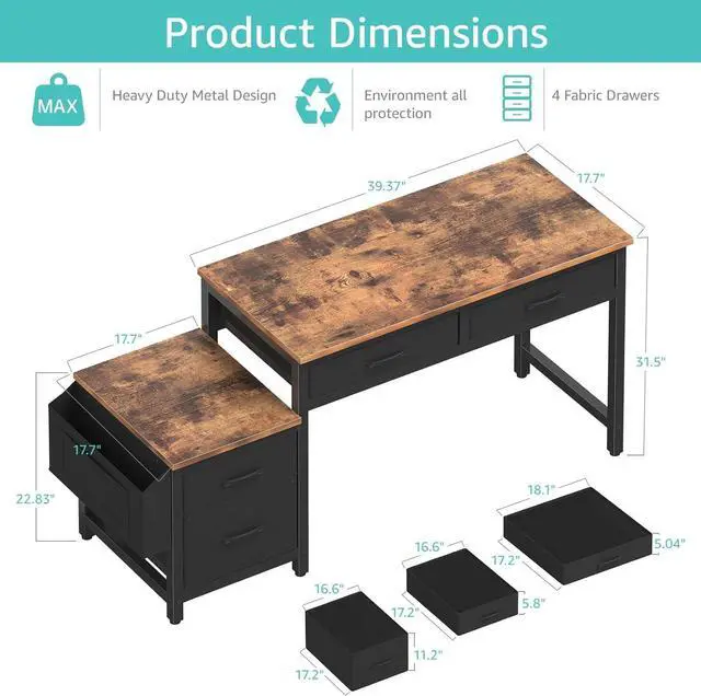 Alt view image 3 of 7 - Lufeiya Computer Desk with Fabric File Drawers Cabinet, 57 Inch Home Office Desks with Filing Cabinet Printer Stand for Small Space, Study Writing Table PC Gaming Desks for Bedroom, Brown Black