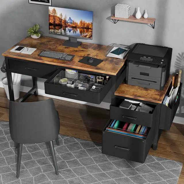 Alt view image 2 of 7 - Lufeiya Computer Desk with Fabric File Drawers Cabinet, 57 Inch Home Office Desks with Filing Cabinet Printer Stand for Small Space, Study Writing Table PC Gaming Desks for Bedroom, Brown Black
